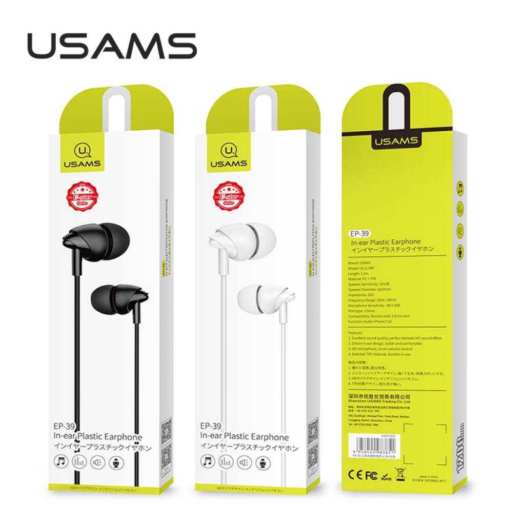 Auriculares Manos Libres USAMS EP-39 3.5mm 1.2M Negro