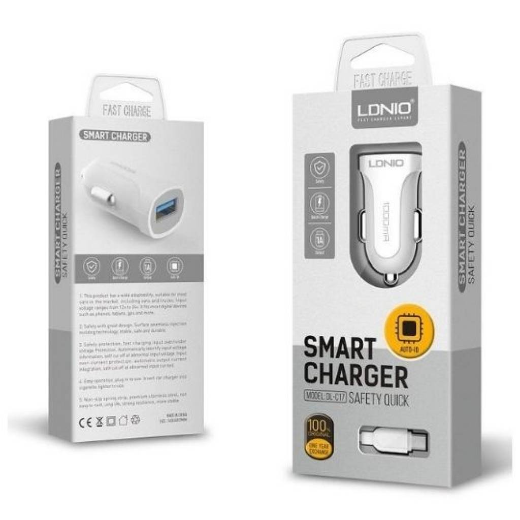Cargador Auto 2.4A 12W 1 USB Tipo C Blanco LDNIO DL-C17