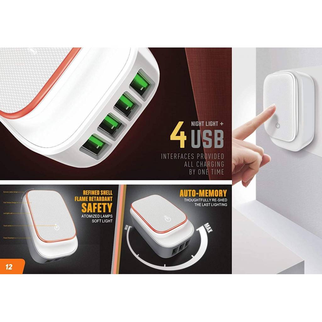 Cargador Pared 4.4A 4 USB con Luz LED y Cable Tipo C LDNIO A4405