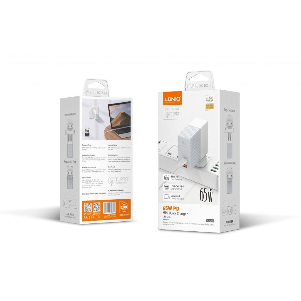 Cargador Pared 65W PD+QC3. LDNIO A2620C