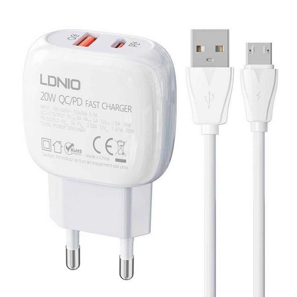 Cargador Pared 3A PD 20W (USB-C)+ QC3.0 LDNIO A2313C