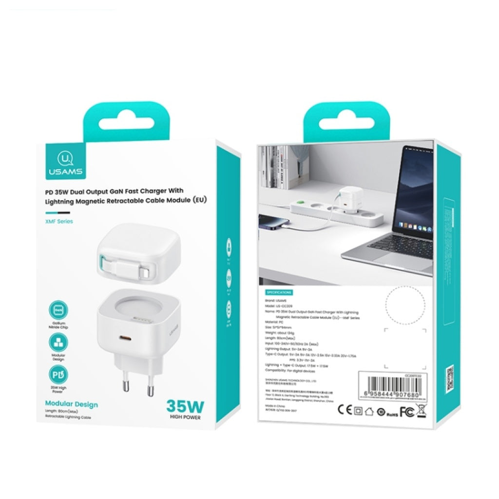 Cargador USAMS CC202 35W con Cable Retráctil Tipo C Magnético y Doble Puerto GaN
