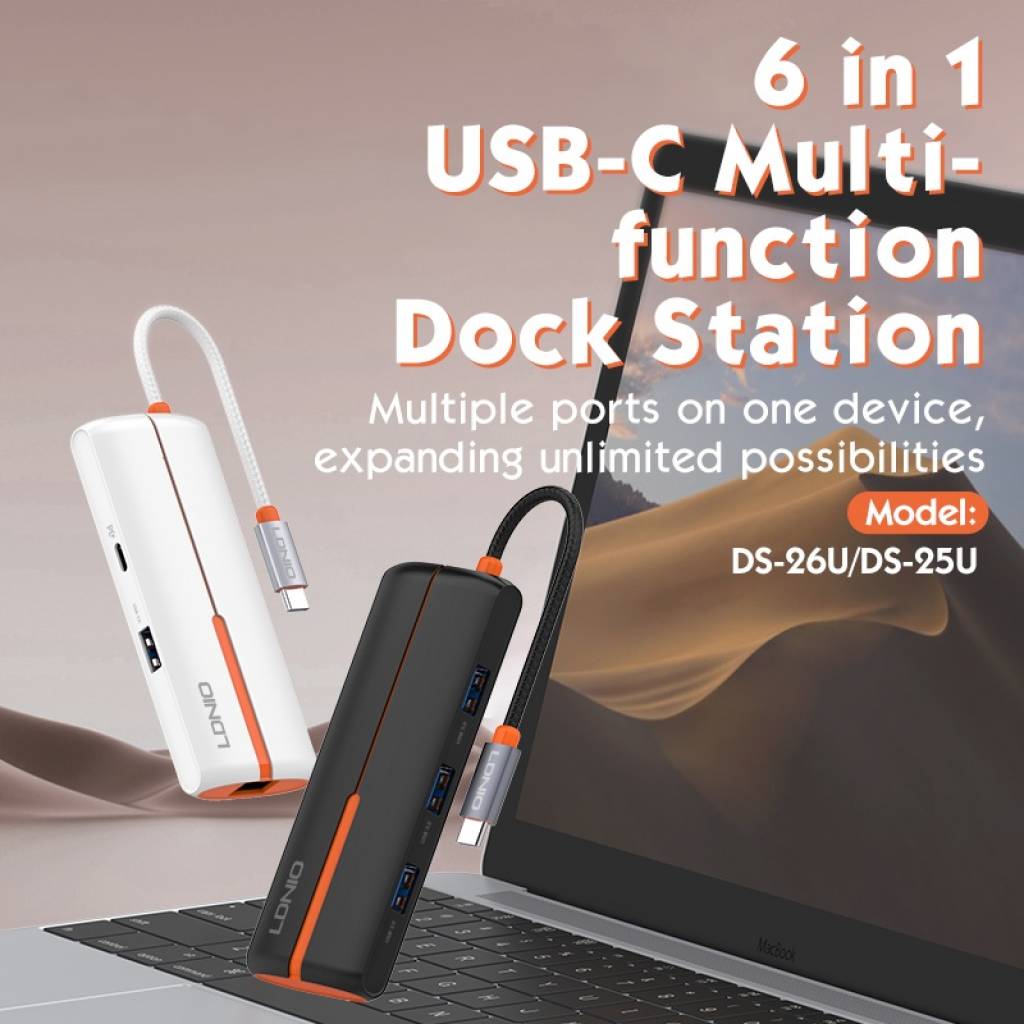 Expansión HUB 6 en 1 Tipo C USB C + USB 2.0 + 3 USB 3.0 + RJ45 Ethernet LDNIO