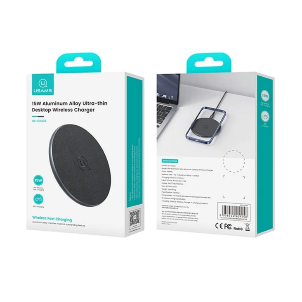 Cargador Inalámbrico Ultrafino 15W Aluminio Negro USAMS CD223