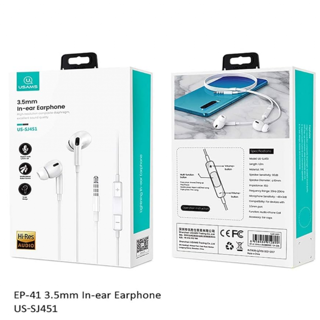 Auriculares USAMS SJ451 EP-41 Manos Libres 3.5mm 1.2M Blanco