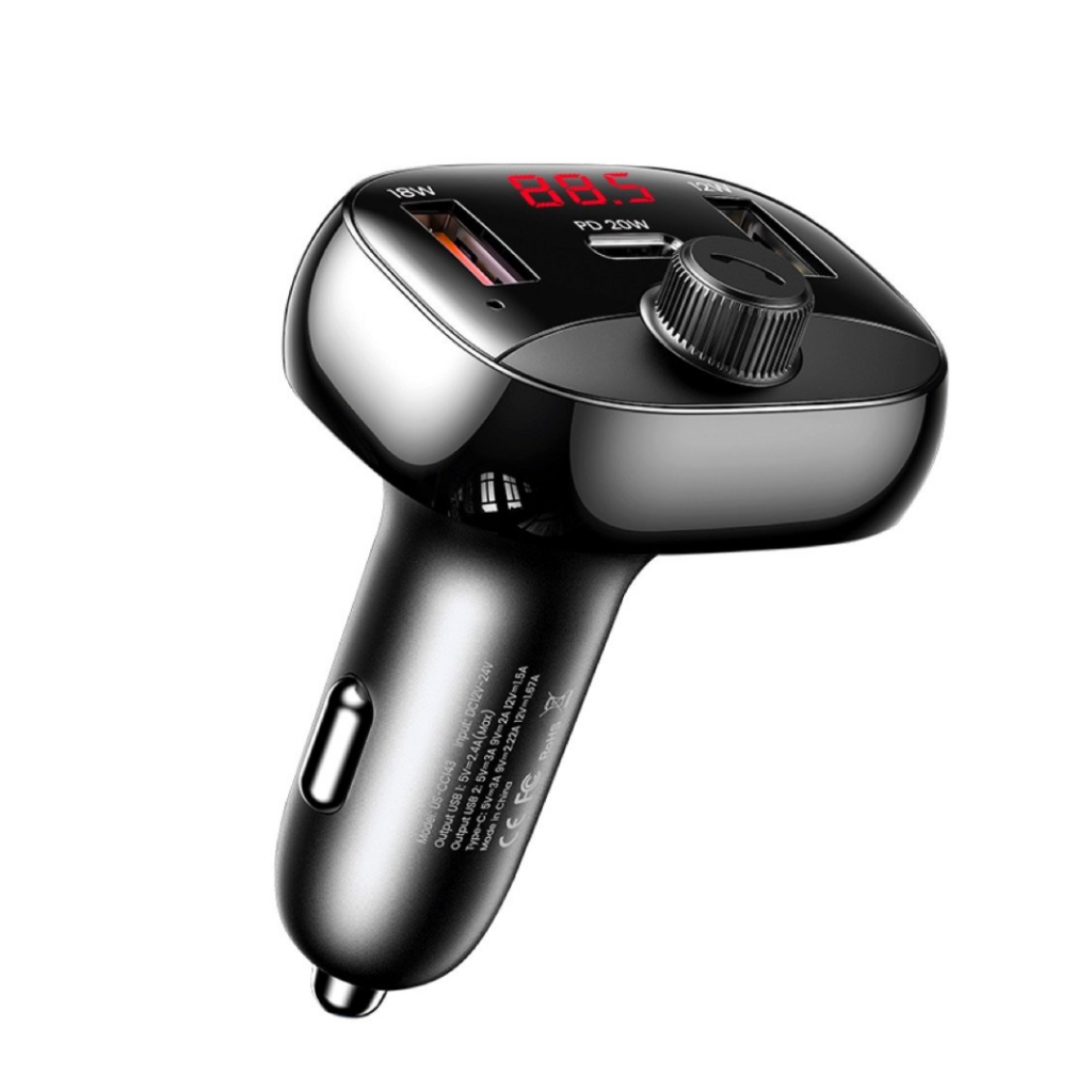 Cargador Auto c/ Transmisor FM 50W 3 USB/2A + USB C/PD Negro USAMS CC143
