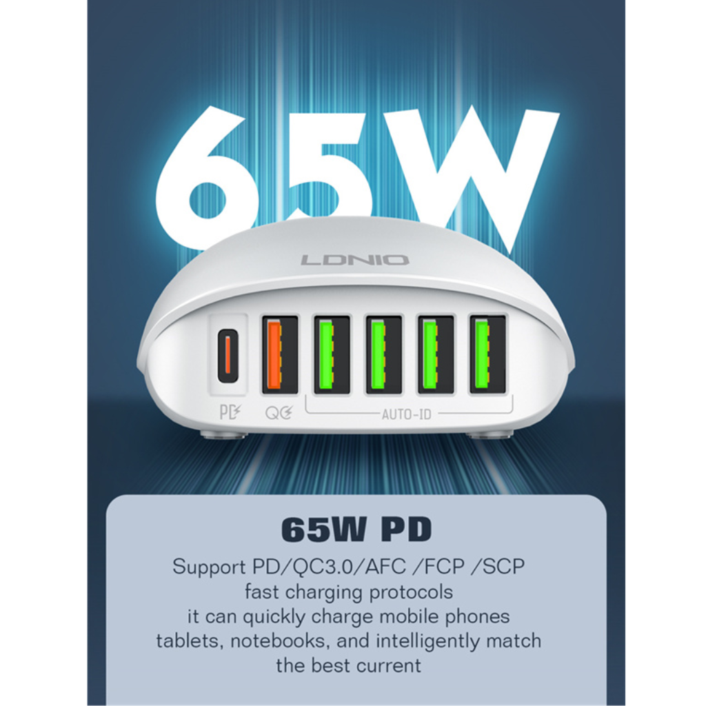Cargador Pared 1PD65W+1QC3.0+4 Smart IC LDNIO A6573C