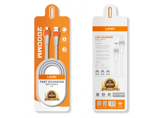 Cable de Datos USB A a Lightning 30W 2M Anaranjado LDNIO LS602