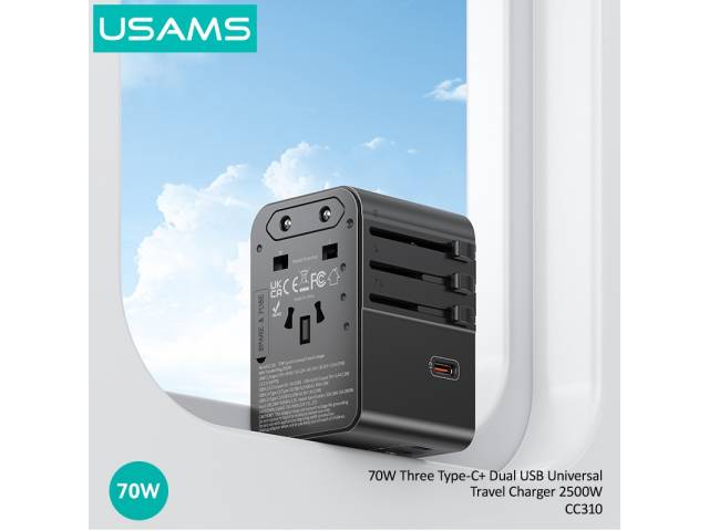 Cargador de viaje 70W Tres USB-C + 2 USB A CC310 Negro USAMS