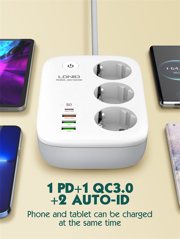 Adaptador Multifunción Wi-Fi 30W QC3.0 + 2 Auto ID + PD + 3 Enchufes LDNIO SEW3452