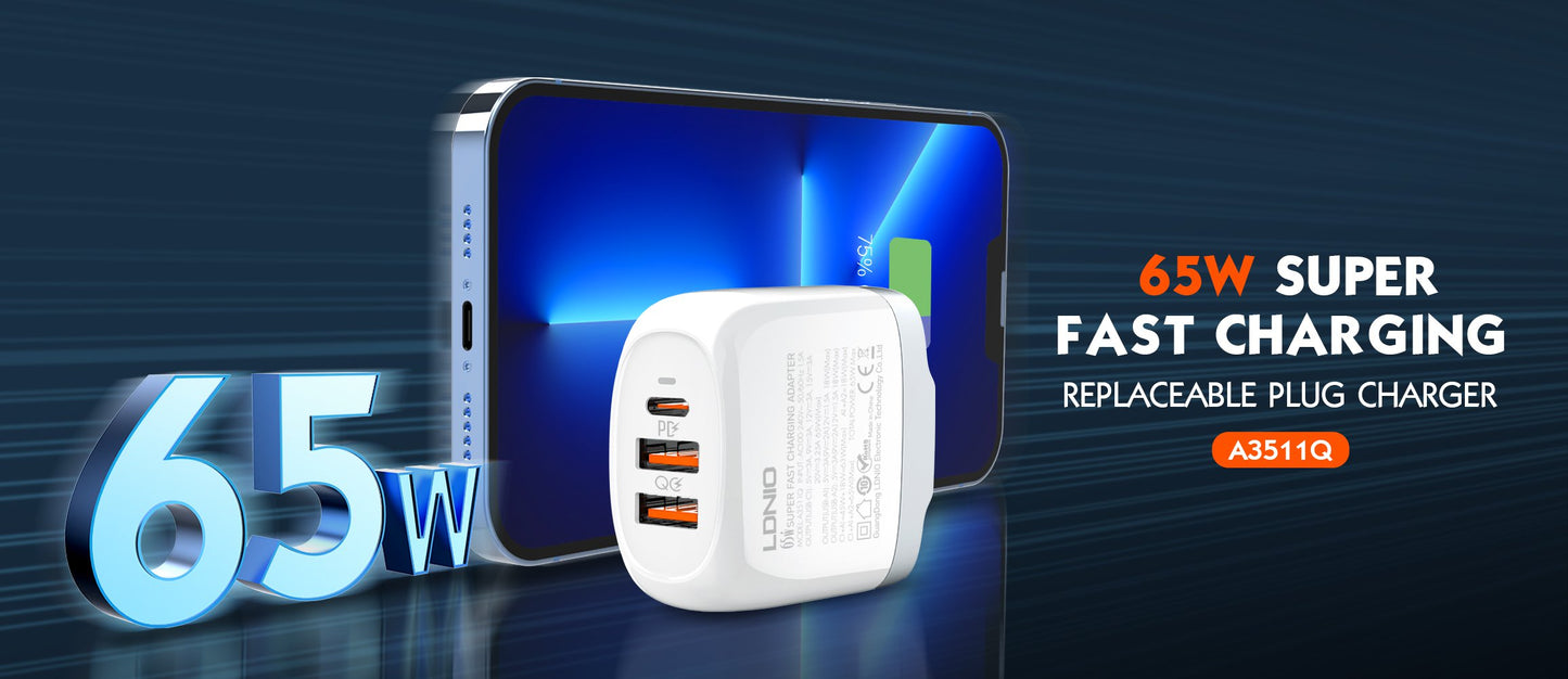 Cargador Pared 65W GaN PD+Q3.0+USB con cable Tipo C LDNIO A3511Q