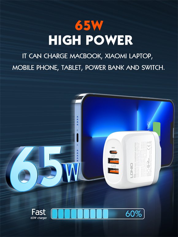 Cargador Pared 65W GaN PD+Q3.0+USB con cable Tipo C LDNIO A3511Q