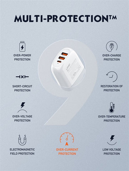 Cargador Pared 65W GaN PD+Q3.0+USB con cable Tipo C LDNIO A3511Q