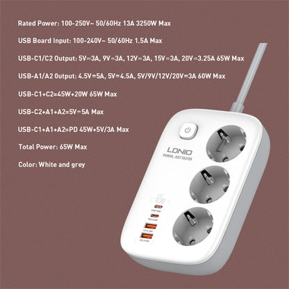Adaptador Multifunción 65W 2 QC3.0+2 USB C PD+3 Enchufes Carga Rápida Blanco LDNIO SE3436