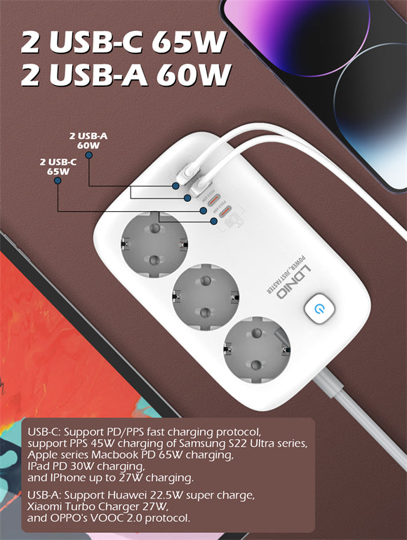 Adaptador Multifunción 65W 2 QC3.0+2 USB C PD+3 Enchufes Carga Rápida Blanco LDNIO SE3436