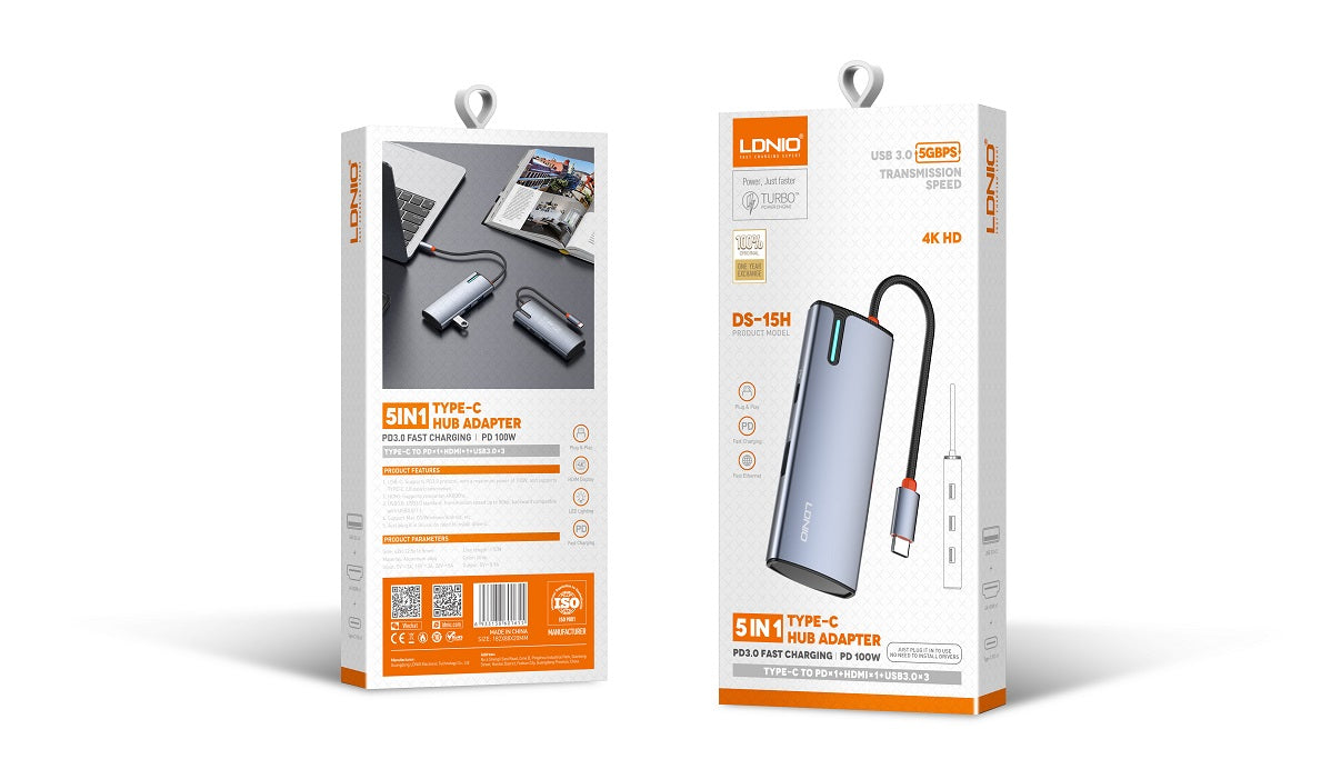 Hub USB-C LDNIO 5 en 1 - HDMI y 3 USB 3.0