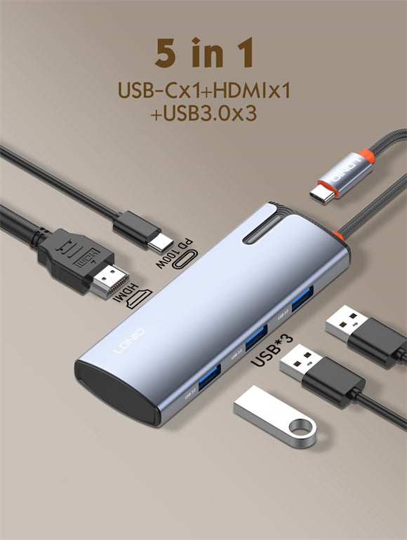 Hub USB-C LDNIO 5 en 1 - HDMI y 3 USB 3.0