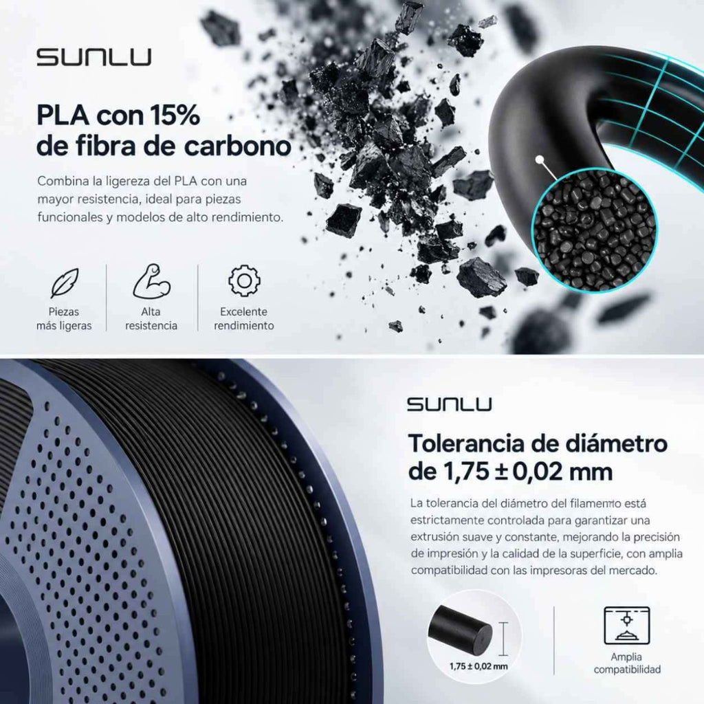 Filamento 3D SUNLU PLA Fibra de Carbono - Alta Rigidez y Acabado Mate