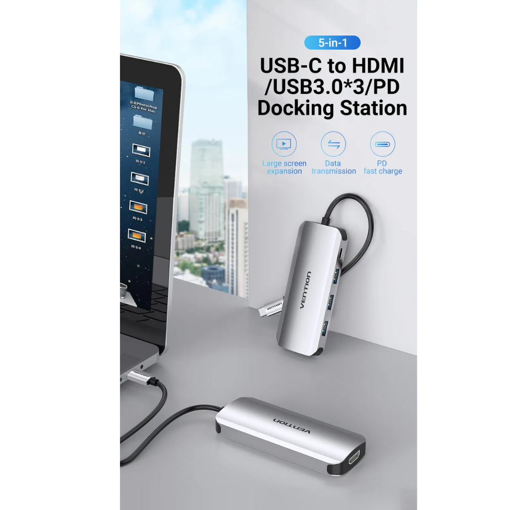 Hub USB-C Vention 5 en 1 - Salida HDMI 4K y Carga PD