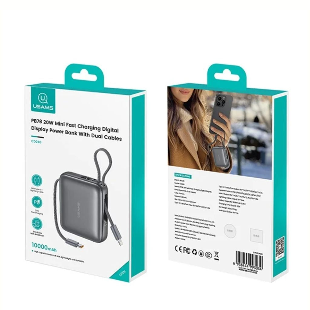 Power Bank Mini USAMS 10.000mAh - Cables Integrados 20W