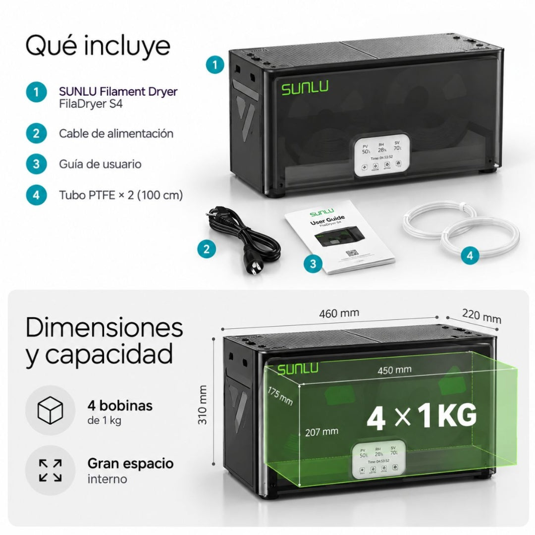Secador de Filamentos SUNLU FilaDryer S4 – 4 Bobinas Simultáneas, Secado Inteligente 70°C