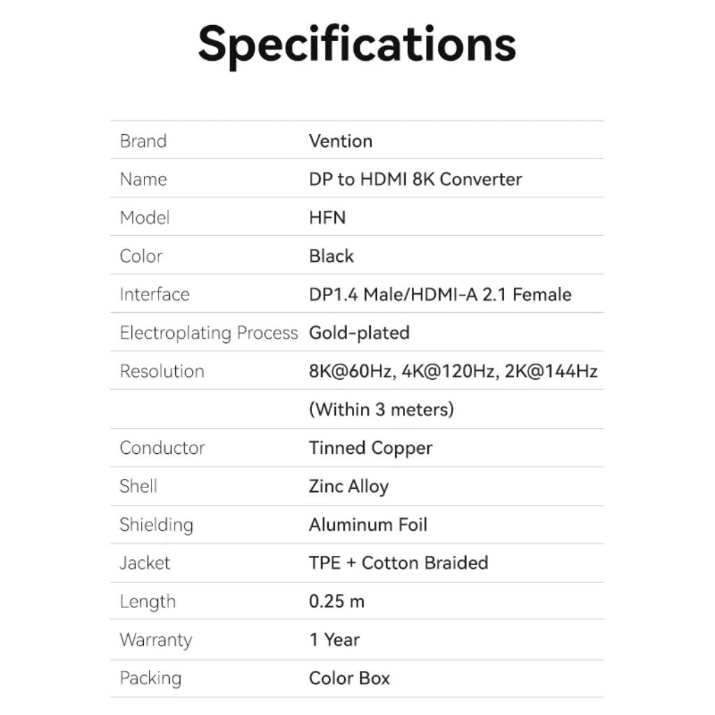 Adaptador DisplayPort a HDMI Vention - Resolución Ultra HD 8K