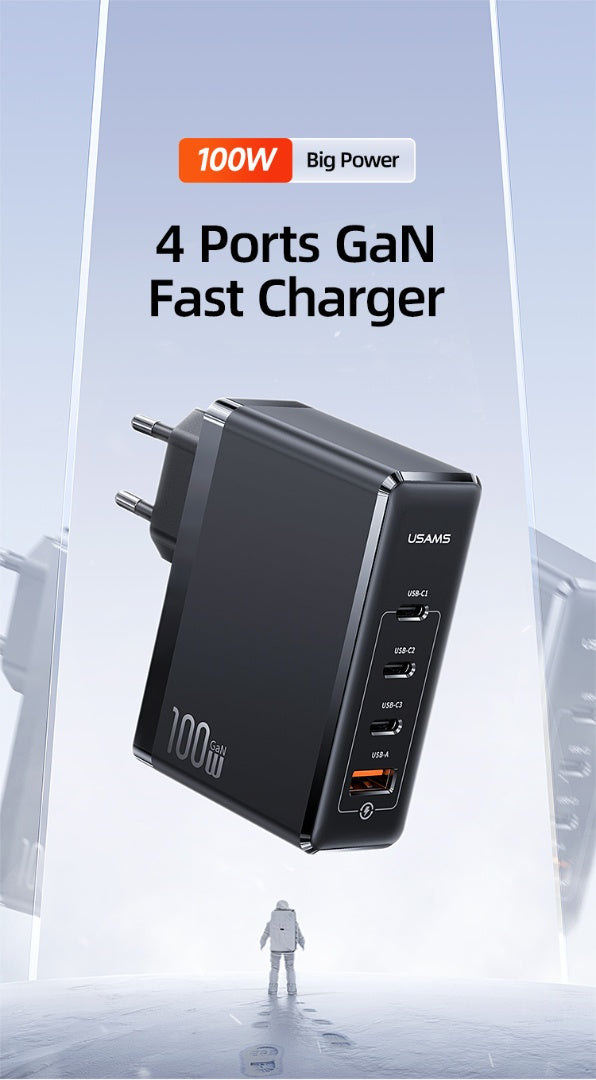 Cargador de Pared GaN USAMS 100W - 4 Puertos de Carga Rápida