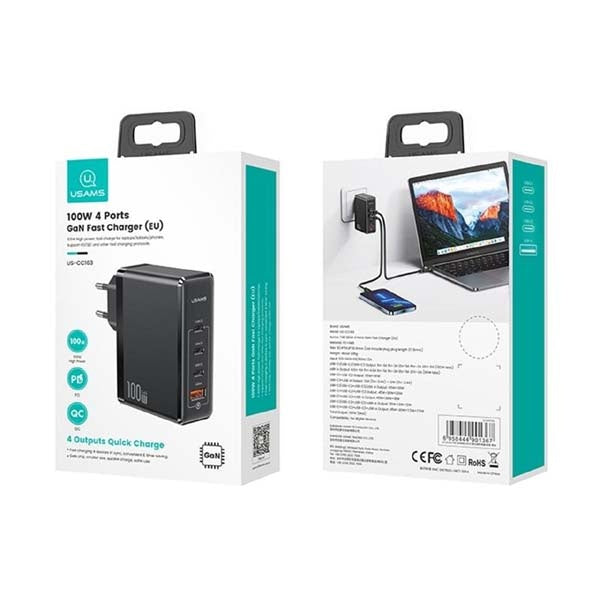 Cargador de Pared GaN USAMS 100W - 4 Puertos de Carga Rápida