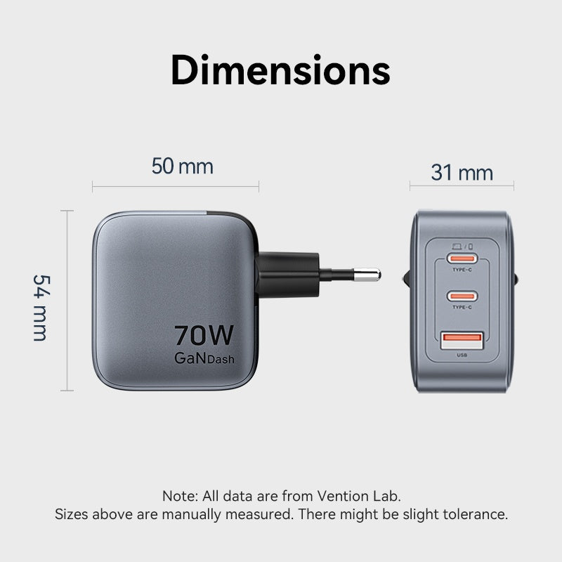 Cargador de Pared Vention GaN - Carga Rápida 70W 3 Puertos
