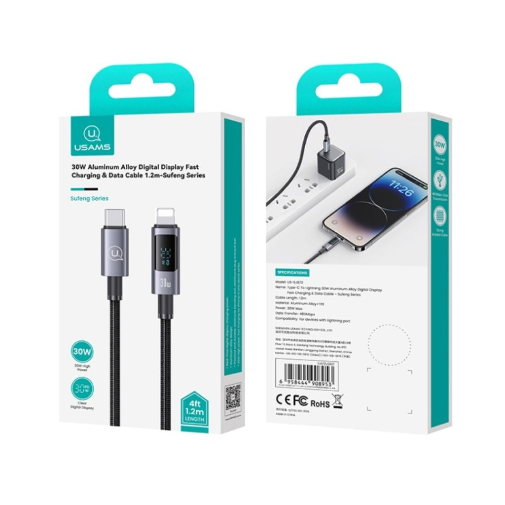 Cable Tipo C a Lightning USAMS - Carga Rápida 30W con Pantalla LCD