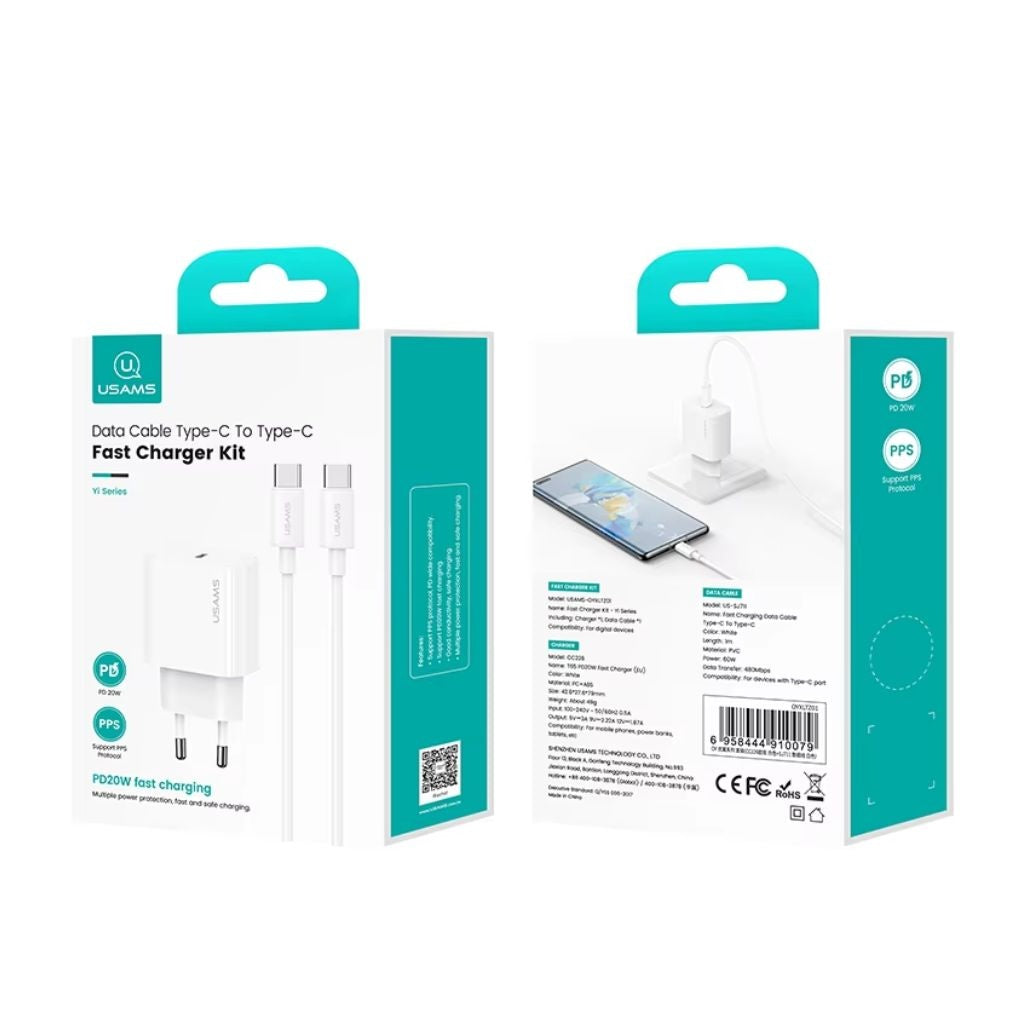 Cargador de Pared USAMS 20W - Carga Rápida con Cable Tipo C