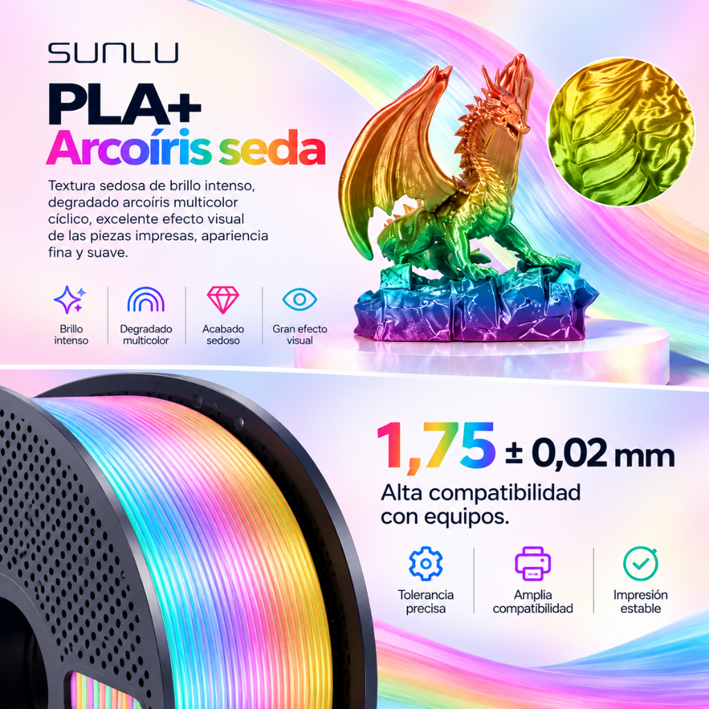 Filamento 3D SUNLU PLA+ Rainbow - Acabado Seda Multicolor 1kg