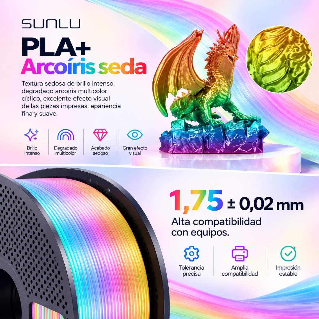 Filamento 3D SUNLU PLA+ Rainbow - Acabado Seda Multicolor 1kg