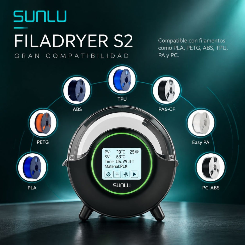 Secador de Filamento SUNLU S2 - Calentamiento 360° y Monitoreo de Humedad