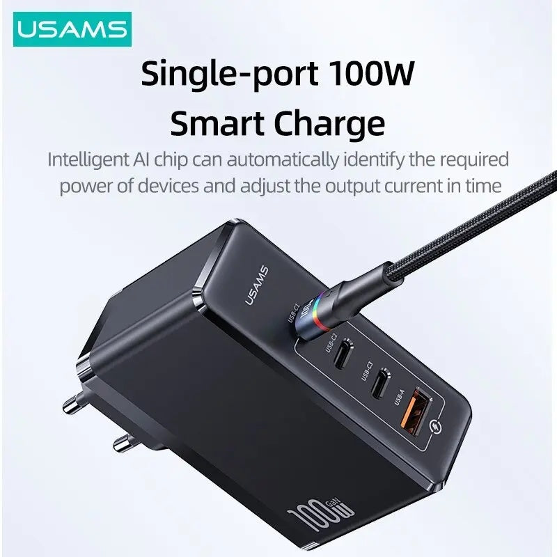 Cargador de Pared GaN USAMS 100W - 4 Puertos de Carga Rápida