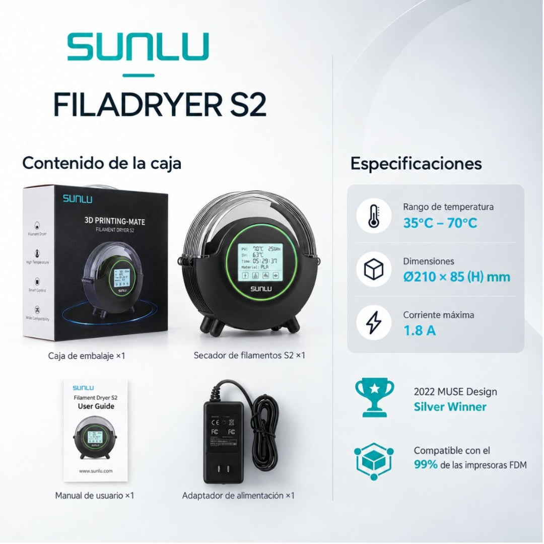 Secador de Filamento SUNLU S2 - Calentamiento 360° y Monitoreo de Humedad