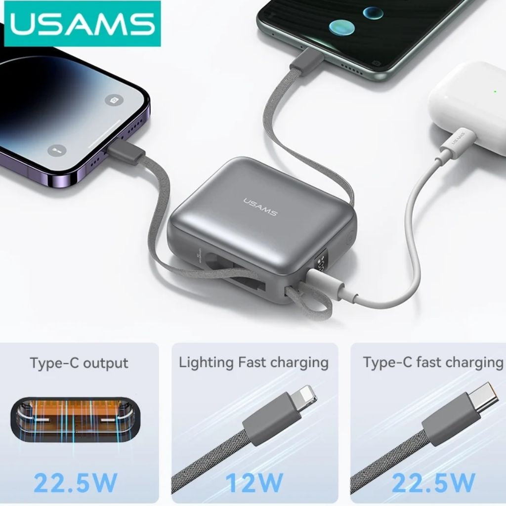 Power Bank Mini USAMS 10.000mAh - Cables Integrados 20W