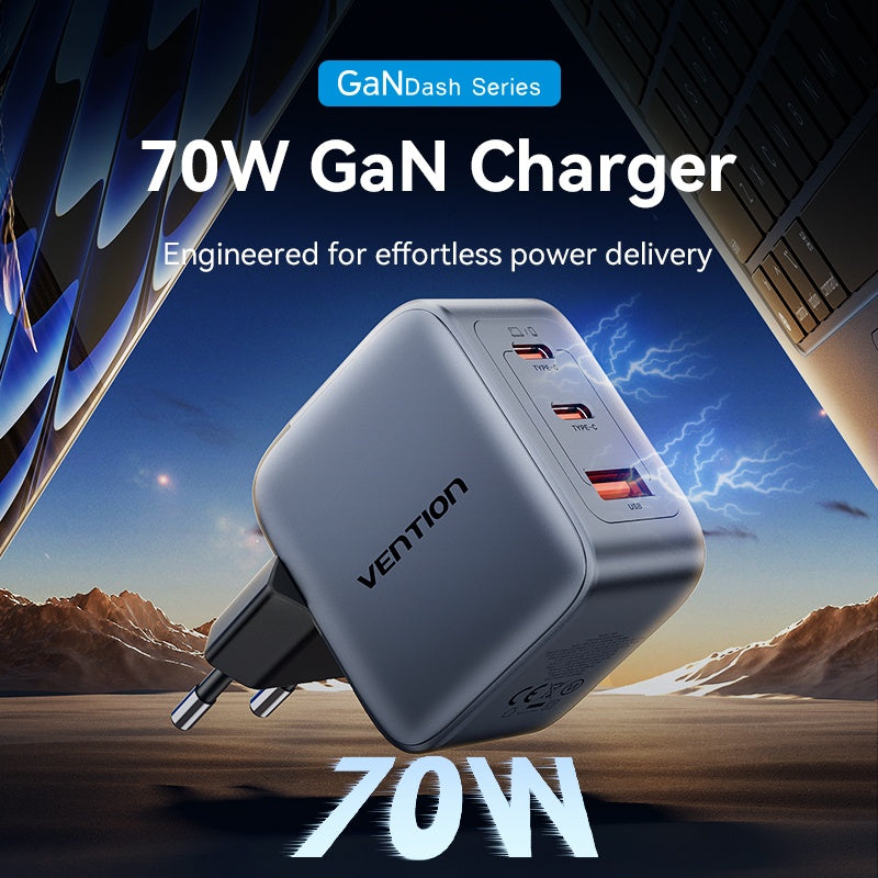 Cargador de Pared Vention GaN - Carga Rápida 70W 3 Puertos