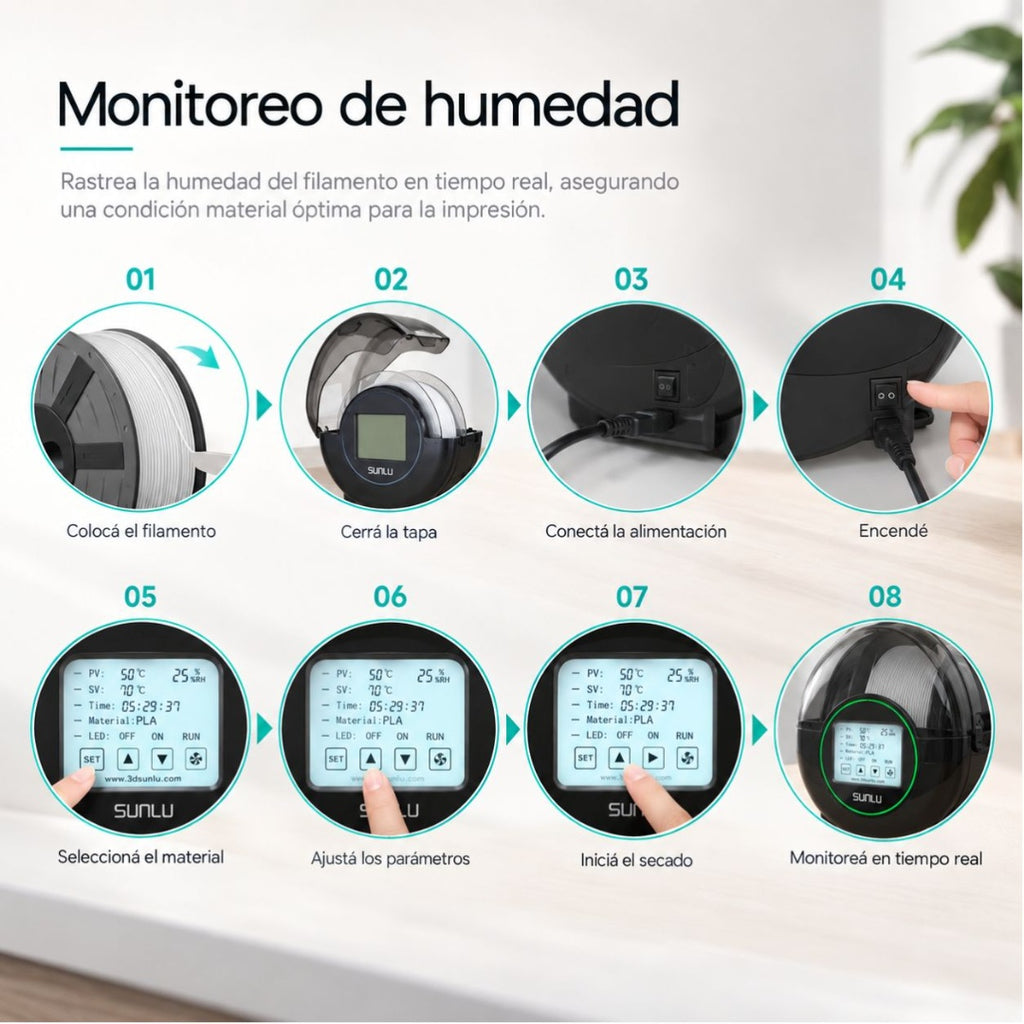 Secador de Filamento SUNLU S2 - Calentamiento 360° y Monitoreo de Humedad