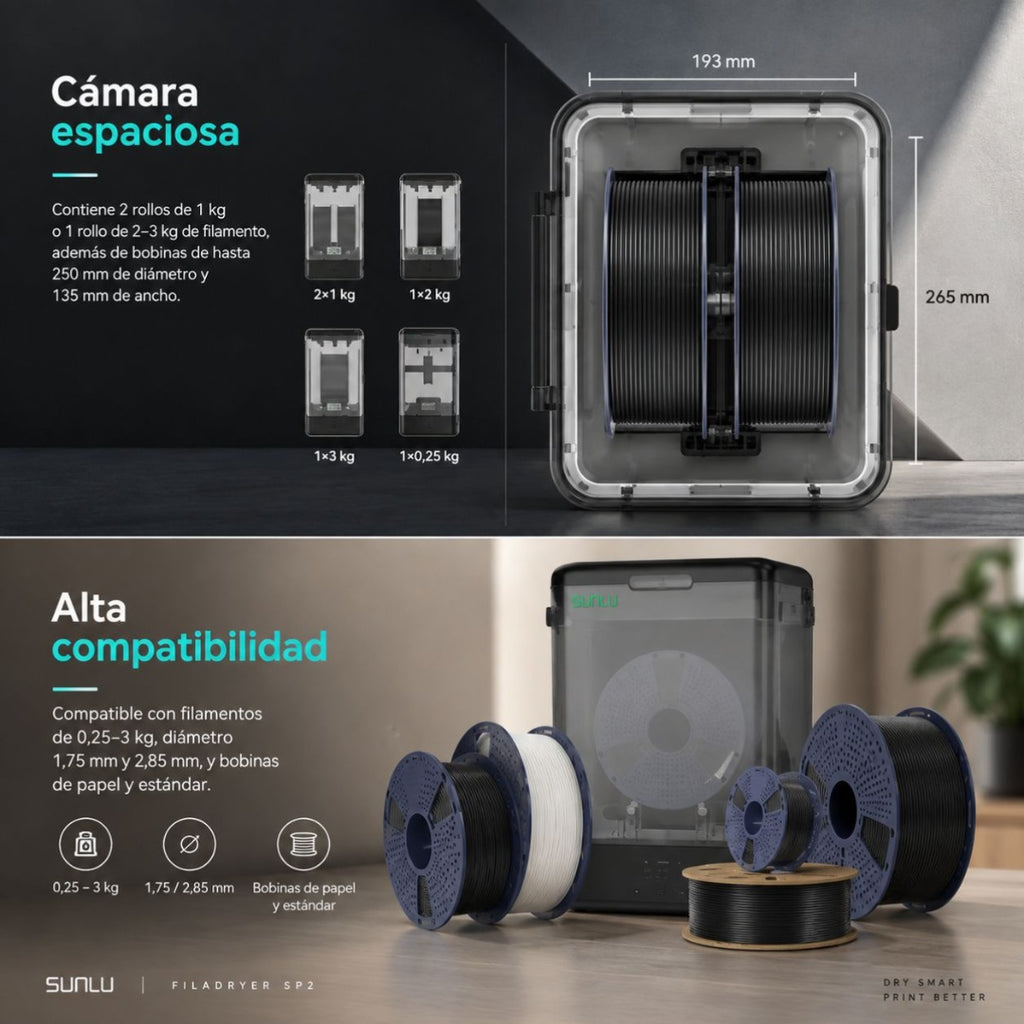 Secador de Filamento SUNLU SP2 - 2 en 1 con Caja de Almacenamiento Sellada