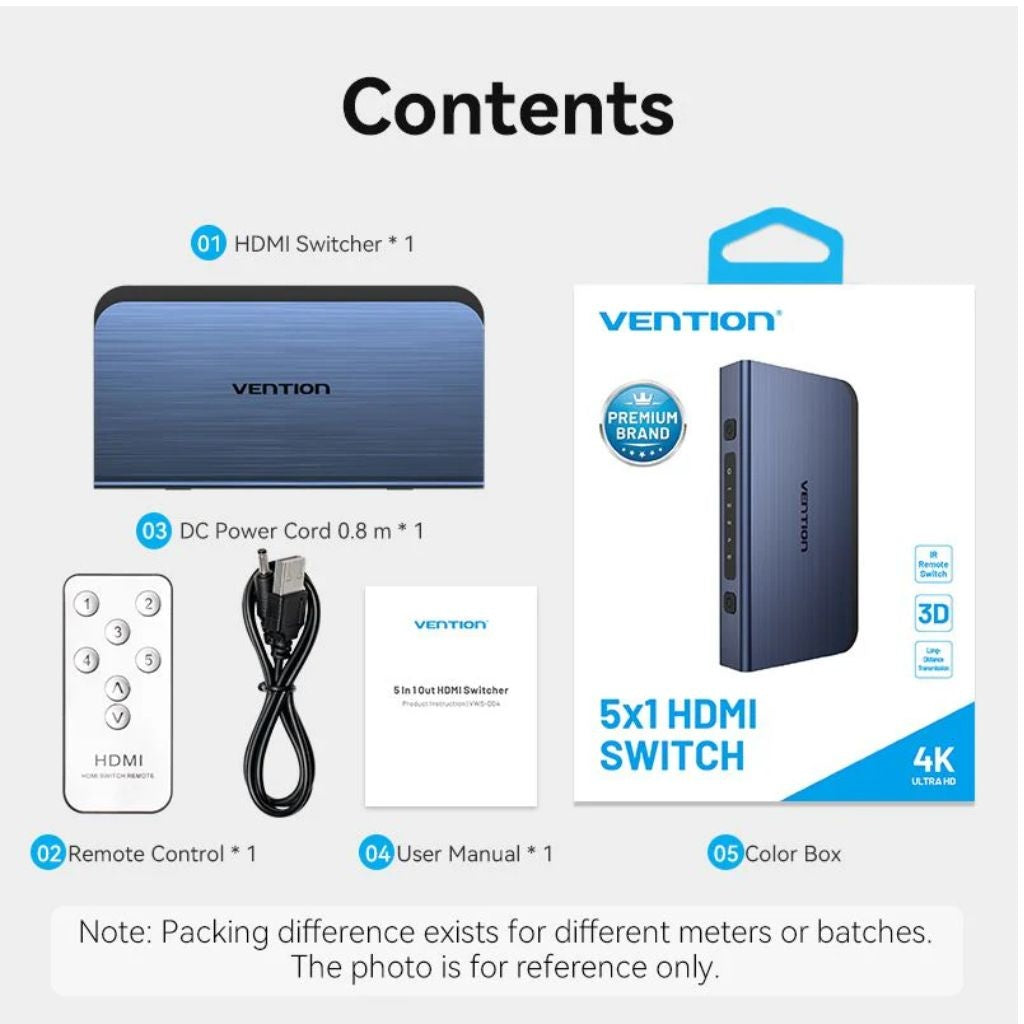 Switch HDMI Vention 5 en 1 - Resolución 4K 60Hz