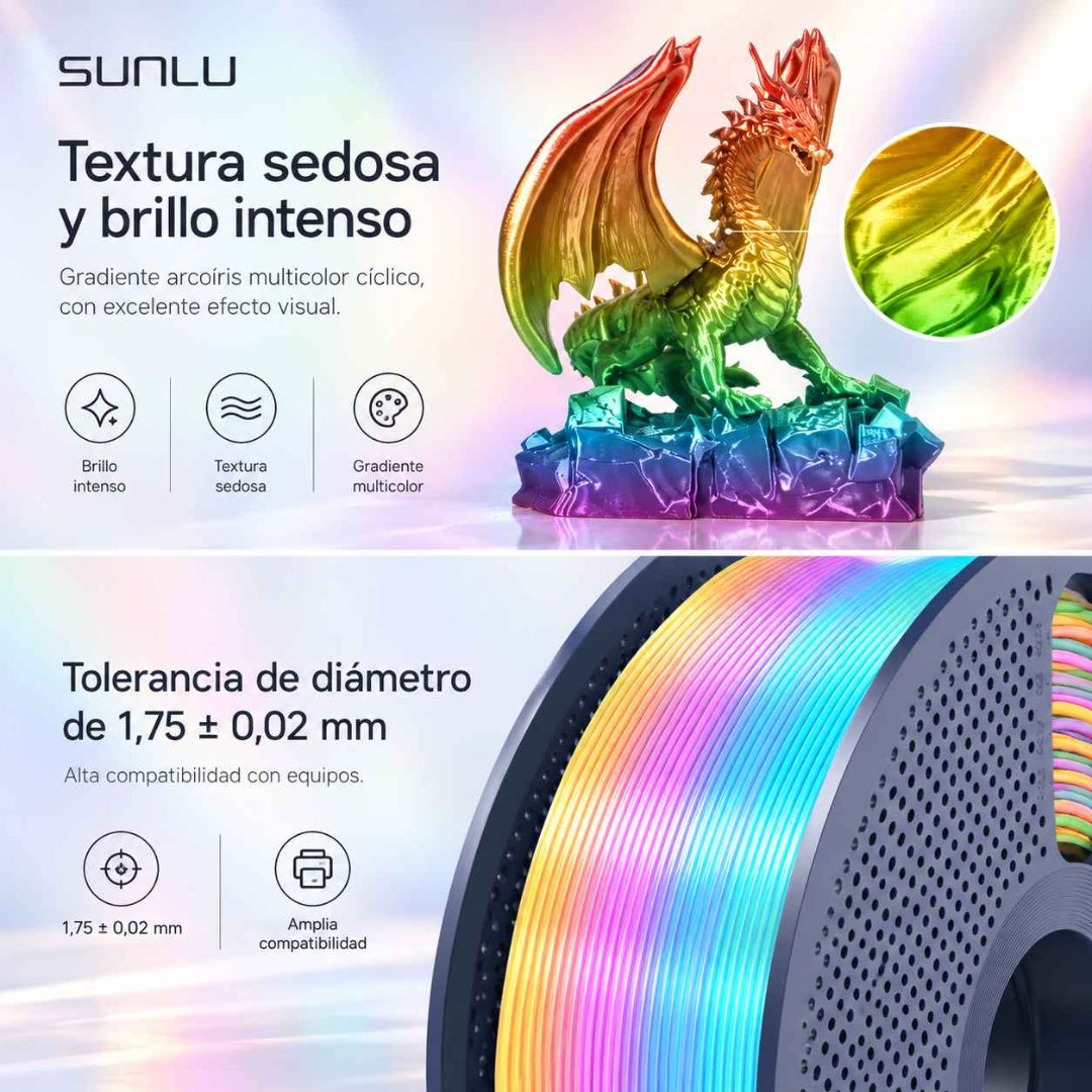Filamento 3D SUNLU Silk PLA+ Rainbow 1kg - Acabado Seda Multicolor