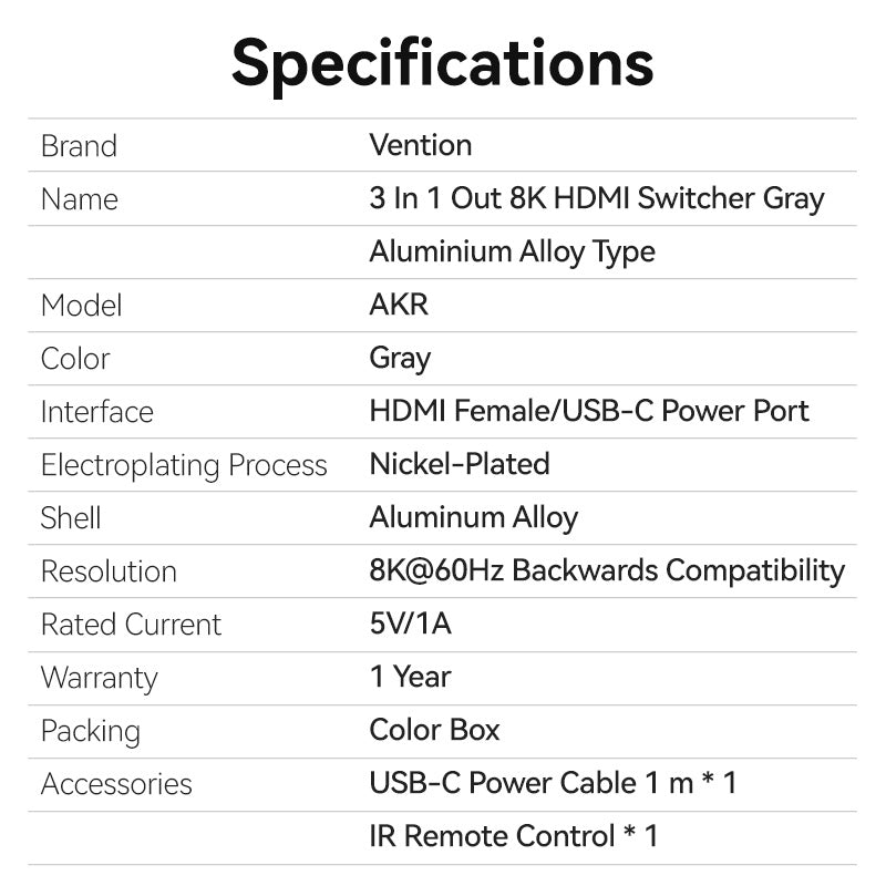 Switch HDMI Vention 3 en 1 - Resolución 8K 60Hz