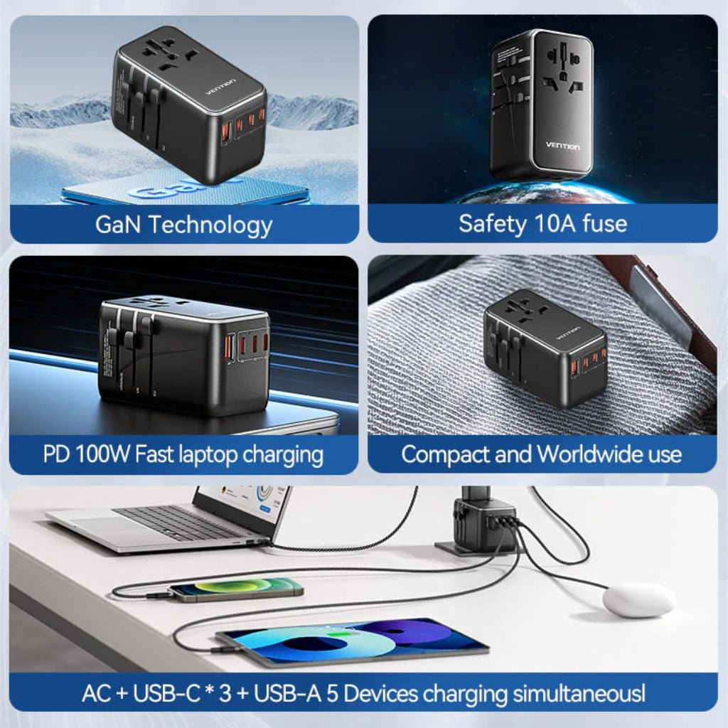 Cargador de Viaje Vention GaN - Carga Rápida 100W 4 Puertos