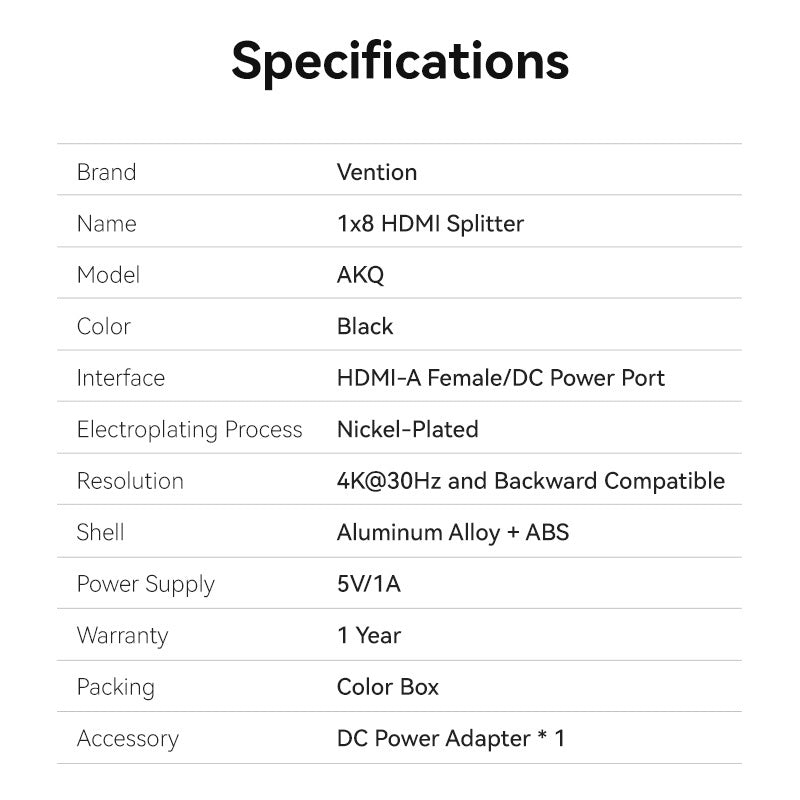 Divisor HDMI Vention 1x8 4K - Duplicación en 8 Pantallas