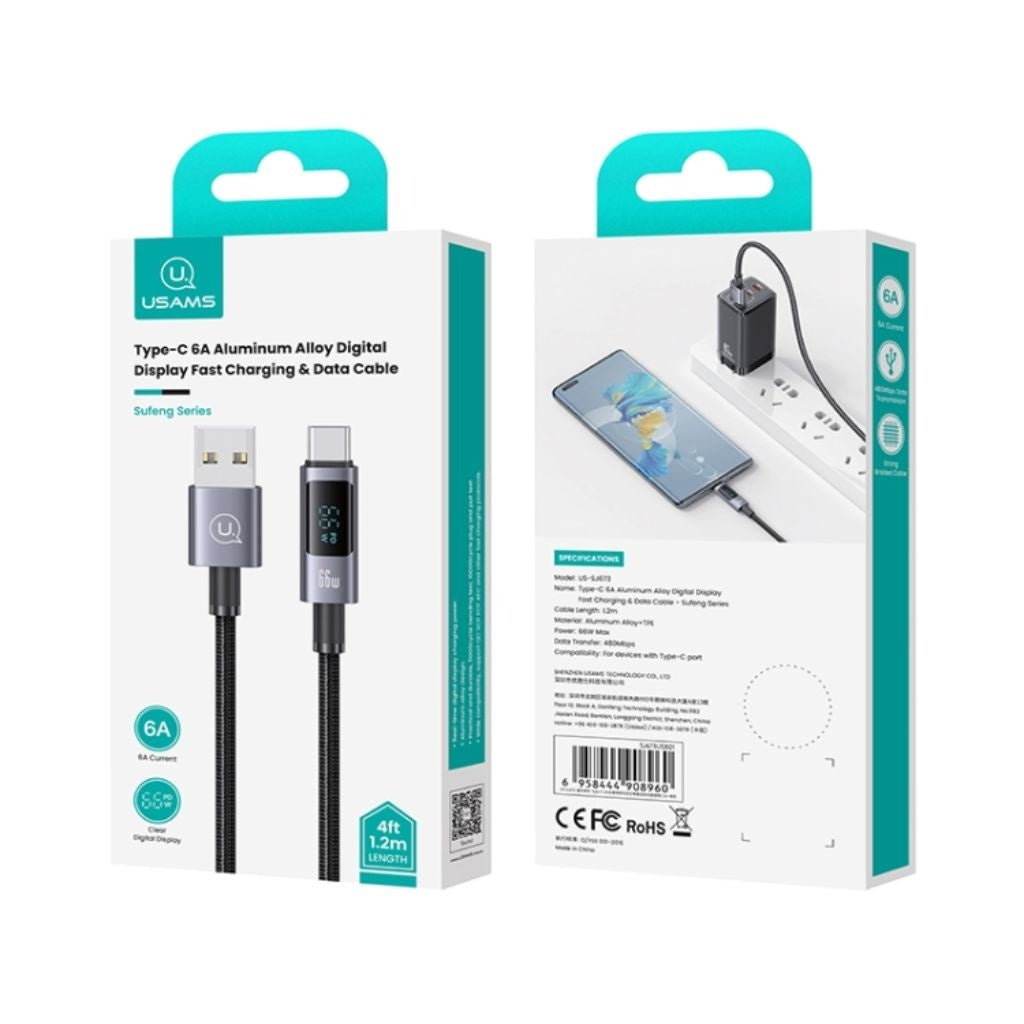 Cable USB a Tipo C USAMS Aluminio - Carga Rápida 6A con Pantalla LCD
