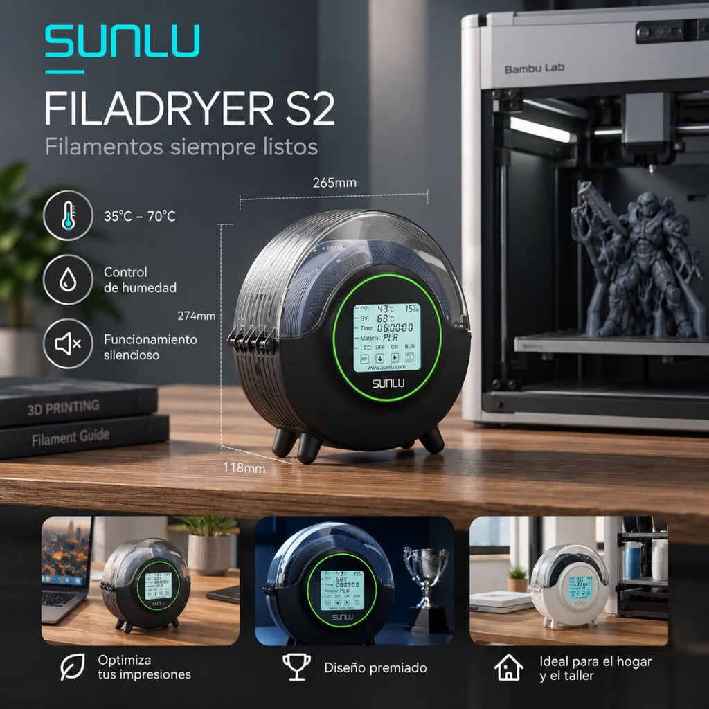 Secador de Filamento SUNLU S2 - Calentamiento 360° y Monitoreo de Humedad