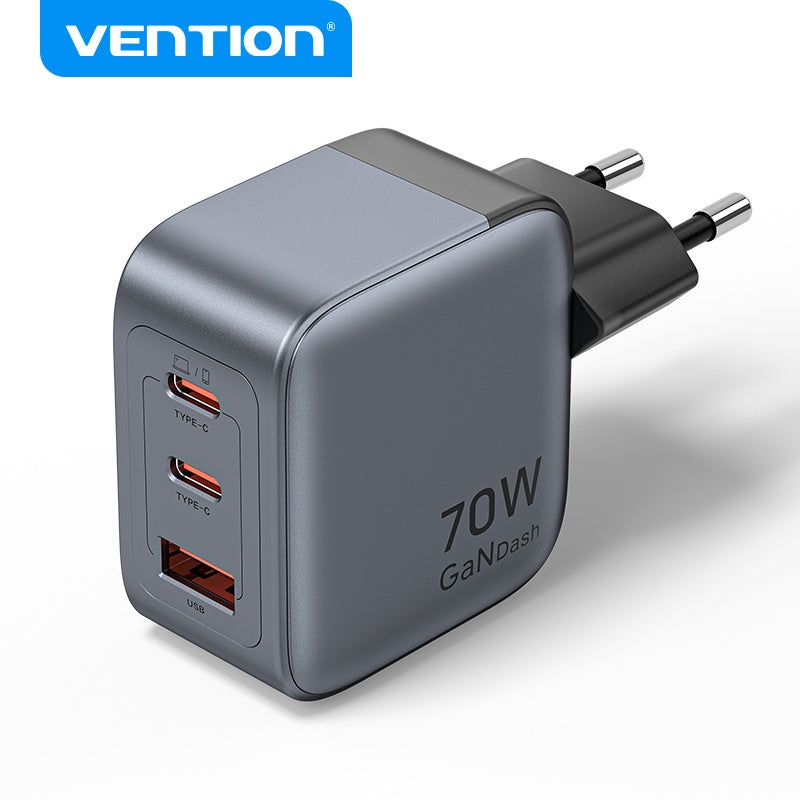 Cargador de Pared Vention GaN - Carga Rápida 70W 3 Puertos