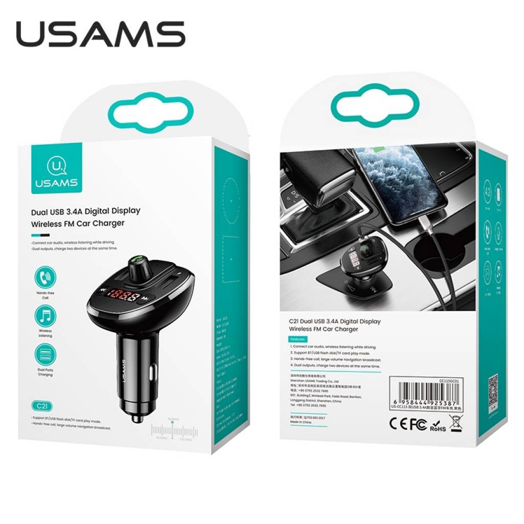 Transmisor FM USAMS CC115 - Bluetooth y Carga Dual USB