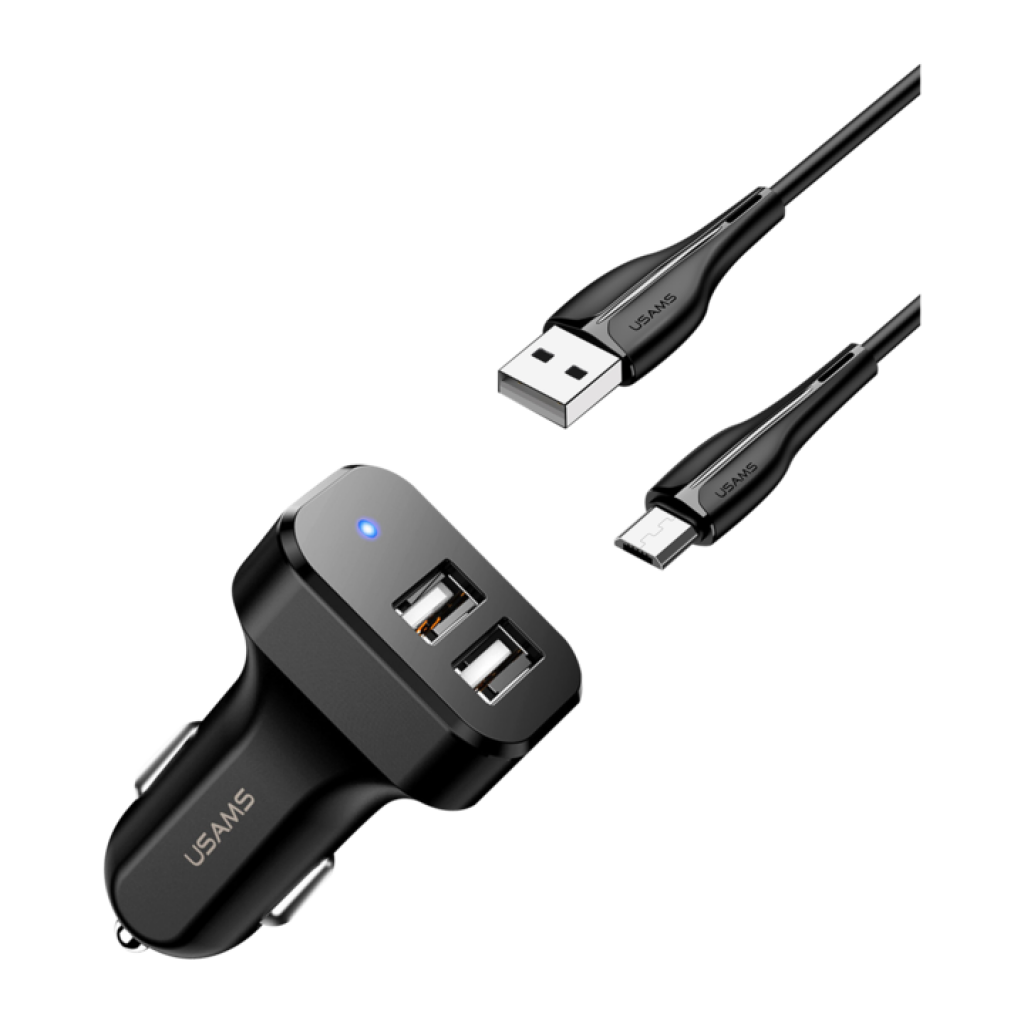 Cargador Auto USAMS C13 2 USB 2.1A Cable microUSB Negro NT Series